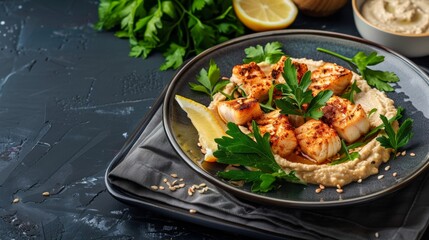 An artistic pescatarian dish featuring hummus, highlighting antioxidant benefits and Mediterranean cuisine with a focus on vibrant, nutritious ingredients.