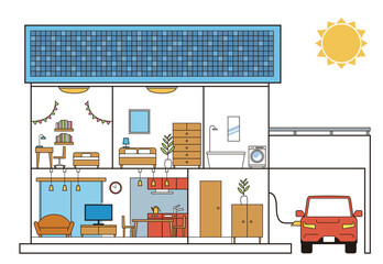 シンプルな住宅、一戸建て、家の断面図のイラスト　二階建て　ソーラーパネル、駐車場と電気自動車　白背景