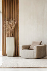 Luxury room interiors with natural lighting, warm colors, copyspace and minimal furniture. Minimalist residential interior design composition.
