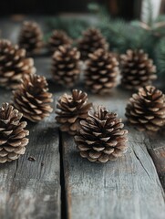 Pine Cones on Wooden Table