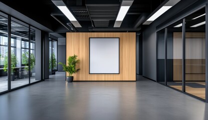 A modern office space with glass walls, white concrete floors and sleek furniture.