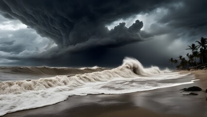 A stormy ocean with a large wave crashing on the shore