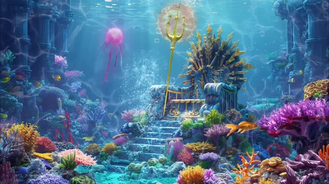 Underwater Throne Room with Trident and Marine Animals. Seamless looping time-lapse 4k video animation background