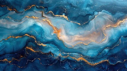 Abstract Blue and Gold Swirls with Glitter Alcohol Ink Background