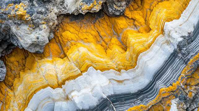 The close-up captures the stunning mineral patterns found into mines . The vibrant yellow and white hues intertwine in intricate, natural designs, showcasing the unique 