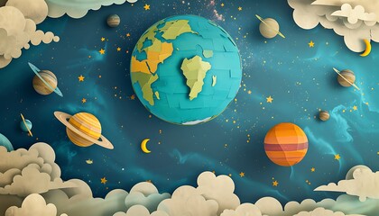 Paper art style of planet earth and space background. Vector illustration