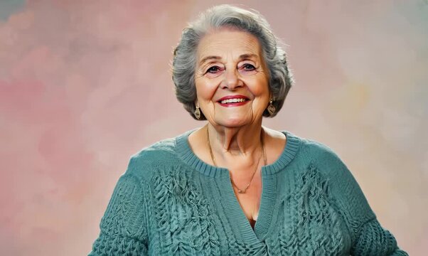 Portrait video of a happy Russian woman in her 90s wearing a chic cardigan against a pastel or soft colors background 