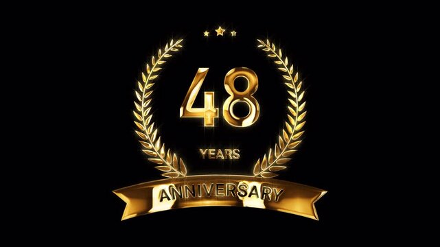 48th Anniversary Celebration. Happy 48 Years Anniversary Animation in Gold Color on the Transparent Background, Alpha Channel. Great for greetings, celebrations, events, and gifts.