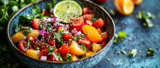 Fresh and Colorful Tomato Salad with Lime and Herbs in a Rustic Bowl on a Blue Background