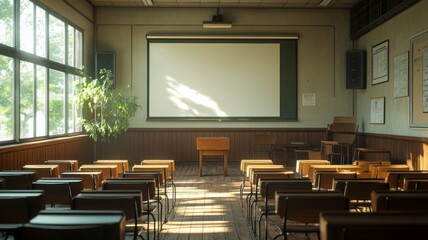 Sunlit Empty Classroom with Wooden Desks and Chairs, Large Windows, and Projector Screen in a Traditional School Setting