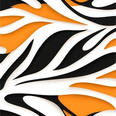 Vibrant abstract pattern with bold orange, black, and white flowing shapes, creating a dynamic and eye-catching visual effect.