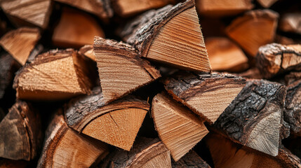 The image captures a close-up view of a natural wooden background featuring chopped firewood. The firewood is stacked neatly, prepared for winter. The pile of wood logs showcases the texture 