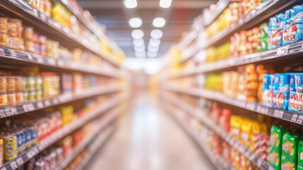 Fototapeta premium A blurred background of a supermarket aisle showcases shelves stocked with various products. The soft focus effect highlights the organized arrangement of goods
