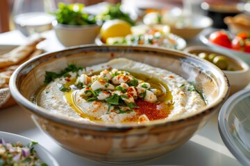 A hummus and pescatarian dish emphasizing antioxidant benefits