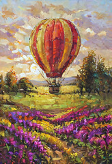 Fototapeta premium Hot Air Balloon over Field of Flowers.