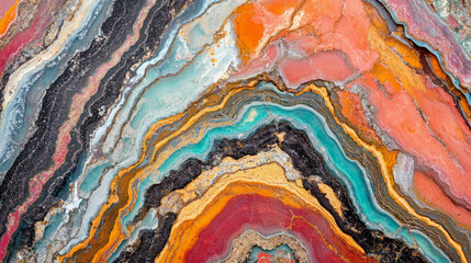 The surface showcases a rich array of colors including reds, blues, yellows, greens, and metallic hues.

