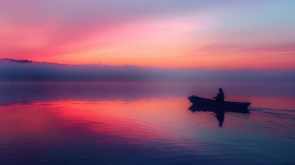 A serene sunrise background featuring a calm lake with the first light of dawn reflecting off the water, the sky painted in hues of pink, orange, and purple, and a lone fisherman in a boat casting a