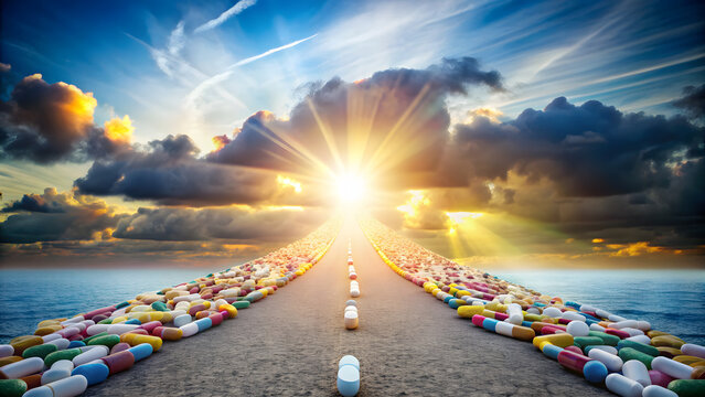 A road or path made of pills, representing the journey towards health or recovery. The perspective can show the path leading towards a bright horizon, symbolizing hope and healing.