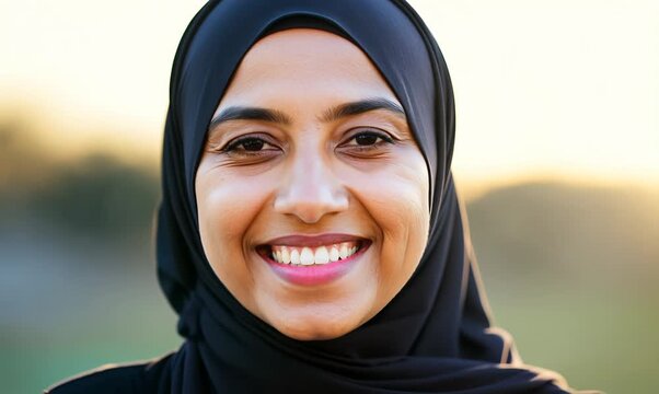 Portrait of a beautiful muslim woman with hijab smiling at the camera.