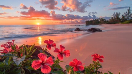 Beautiful sunset with pink flowers on sandy beach