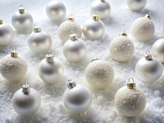 Fototapeta premium Festive white balls arranged in a festive pattern on a snowy white background, evoking winter wonderland and holiday cheer.