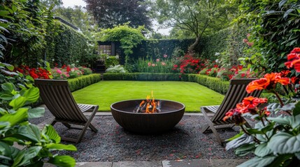 Serene garden with fire pit and wooden seating chairs.
