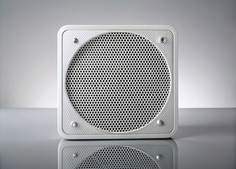 White acoustic speaker with a perforated metal grille plate against a plain light gray background, slight shadow and reflection visible.