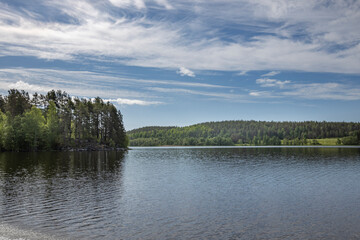 A serene view of a still lake nestled in a forest, with a clear blue sky and white puffy clouds...