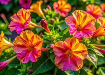 Vibrant trumpet-shaped flowers of Mirabilis jalapa blooming in afternoon sunlight, with delicate petals and golden centers, deflating overnight.