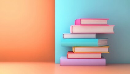 A stack of colourful books on an orange and blue background.