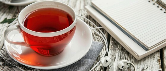 A cup of herbal tea with a notebook and earphones on a wooden table. Perfect for relaxation, study, and creative work environments.