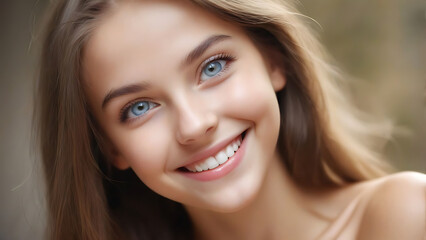 Fototapeta premium A beautiful girl's face looks calm and happy, her vivid eyes sparkle, her generous smile around her mouth, her skin and smile shine more, Spanish Mexican-German Beauty, 美少女, korean girlgroup, 