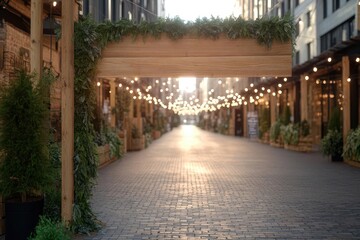 Fototapeta premium Charming street view adorned with warm lights under a wooden sign, creating a delightful atmosphere for gatherings and events.