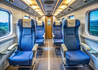 Economy class train cabin interior features upright backrest seats facing each other, shared by two passengers, with nearby toilet facility.