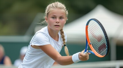Young female tennis player focused on her game, preparing to strike the ball with her racquet during an outdoor match.