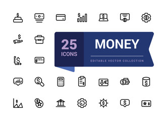 Simple set of money related line icons. Contains as wallet, ATM, bundle of money, coin and more. Minimalistic web and UI icon. Outline icon collections.