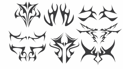 Grunge tribal shapes with a stiff touch. Set of Symmetrical Tribal Pattern Cyber ​​Gothic Elements in Abstract White black Print for t-shirt, hoodie and sweatshirt or card, poster