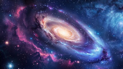 Obraz premium A breathtaking galaxy background showcasing a spiral galaxy with swirling arms of stars and cosmic dust in vivid colors of blue, purple, and pink, with a glowing core at the center, surrounded by