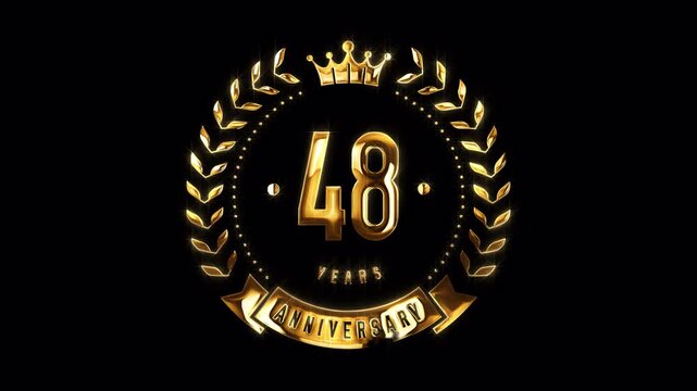 48th Anniversary Celebration. Happy 48 Years Anniversary Animation in Gold Color on the Transparent Background, Alpha Channel. Great for greetings, celebrations, events, and gifts.