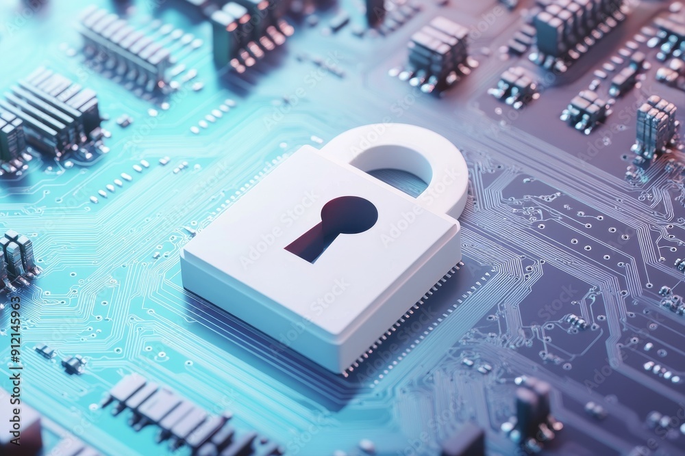 Poster white lock icon with circuit board background - data security concept