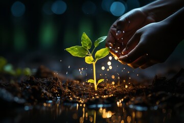 A hand delicately waters a small green sprout emerging from the dark soil, water droplets sparkling in the light.