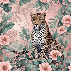 Elegant Serenity, The Leopard Amidst a Pastel Blooming Scene