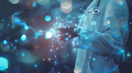 a doctor is holding a stethoscope and healthcare icons in front of them, in the style of light yellow and indigo, geometric structures, AI Generative