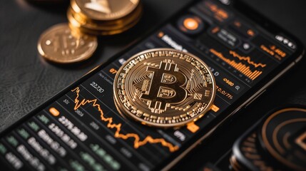 Close-up of a smartphone displaying cryptocurrency trading graphs with Bitcoin coins, symbolizing mobile trading.