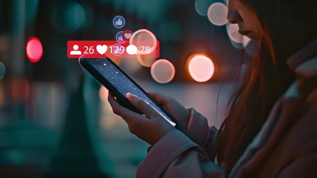 Girl watching on social media,live stream. Person using smartphone with social media. Like notifications, like icons. Phone for communication,texting,like,love emojis on mobile app 4k video - Powered by Adobe