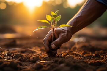 A hand gently plants a small sapling in the rich, dark soil, bathed in the golden glow of the setting sun.