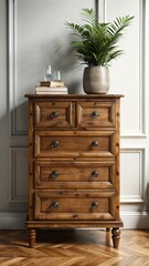 A vintage wooden dresser with four drawers is placed against a light gray wall, bathed in soft natural light.