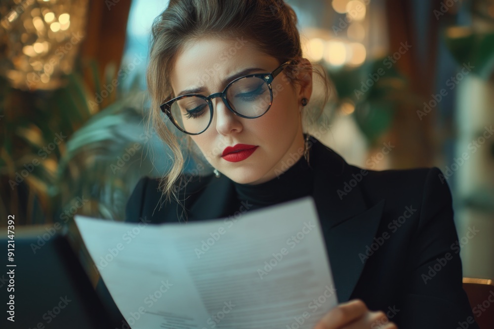 Poster Woman in glasses reading document