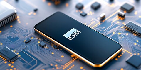 Smartphone with 'eSIM' Logo Surrounded by Digital Connections