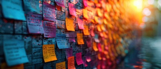 High-energy brainstorming session with sticky notes and brand ideas, marketing, creativity